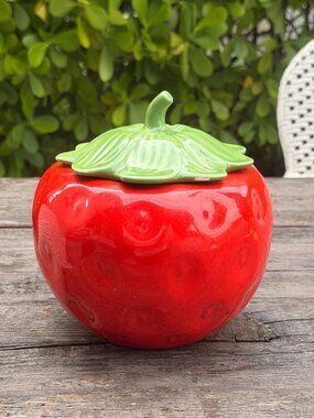 Vintage Teleflora Ceramic Strawberry Cookie Jar Canister Retro Kitchen Decor